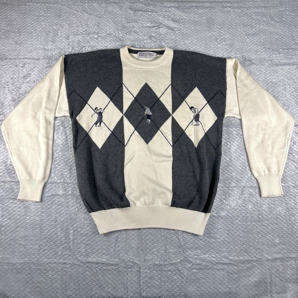 Vintage John Ashford Golf Argyle Sweater Embroidered Golfers Cream Gray L Dad
